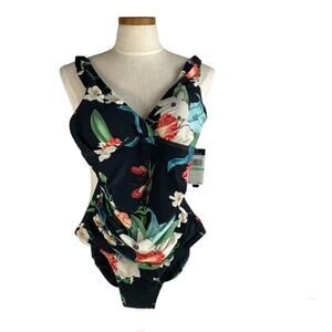 Jantzen Dark Floral One Piece Swimsuit Women Size 8 Black Coral Vacay Beach NWT